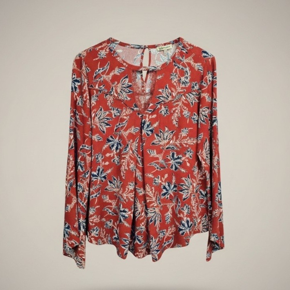 Democracy Rust & Navy Floral Keyhole Blouse Women's Size‎ XL - MSRP $68 New!